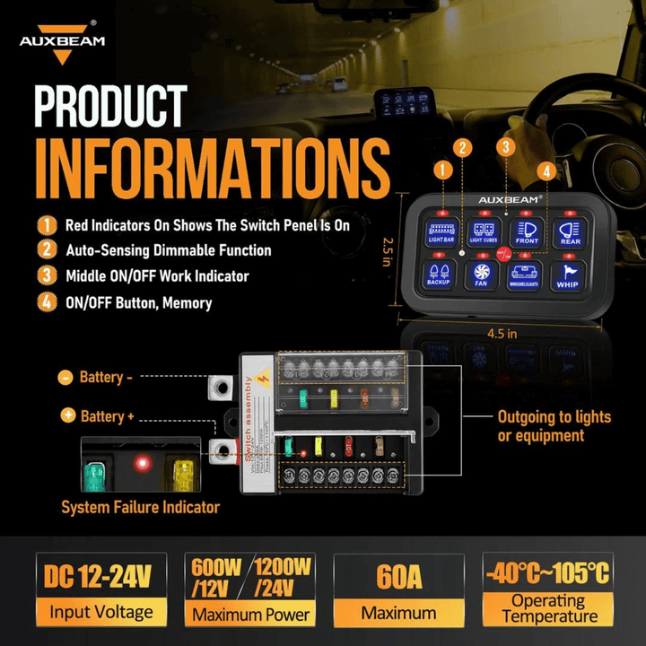 AUXBEAM 8 Gang Switch Panel OFF ROAD LIGHT CONTROLLER